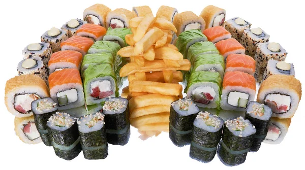 Uppsättning Sushi Med Reflektion Vit Bakgrund — Stockfoto