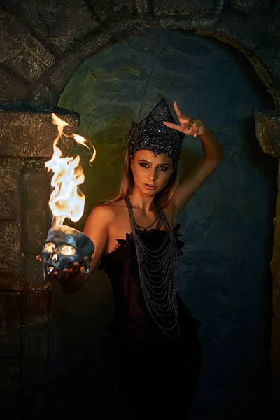 Girl Gothic Costume Holds Burning Skull — Stock Photo, Image