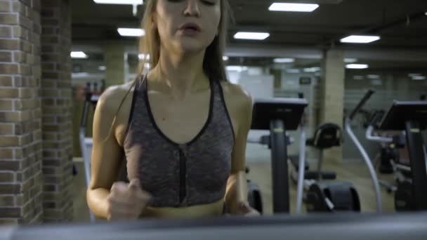 Vacker flicka engagerad på en simulator i gymmet på en svart bakgrund — Stockvideo