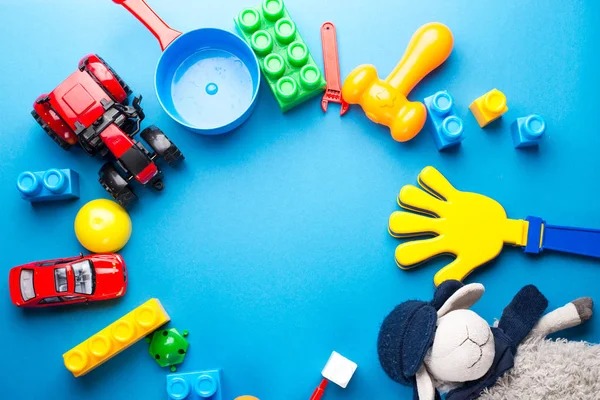 Marco Juguetes Para Niños Sobre Fondo Madera Vista Superior Acostado — Foto de Stock