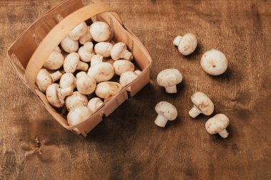 Ahşap masa üzerinde üstten görünüm mantar. Kopya alanı.