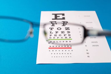 Sağlık kavramı. mavi bir tablo üzerinde gözlük.