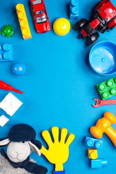 Marco Juguetes Para Niños Sobre Fondo Madera Vista Superior Acostado — Foto de Stock