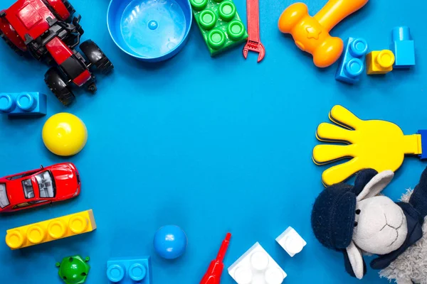 Kinderspeelgoed Frame Houten Ondergrond Bovenaanzicht Plat Gelegd Kopieer Ruimte Voor — Stockfoto