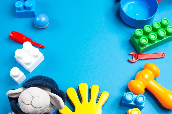 Crianças Brinquedos Moldura Fundo Madeira Vista Superior Deitado Espaço Cópia — Fotografia de Stock