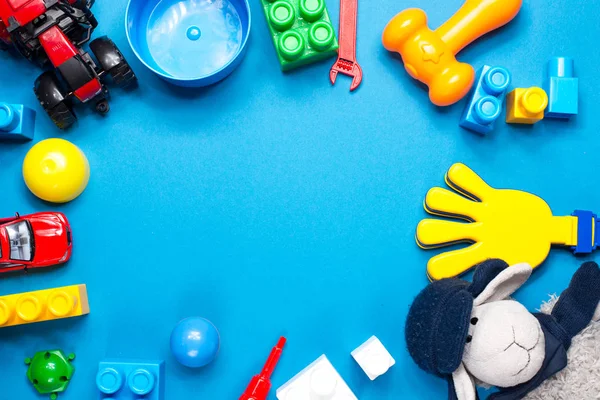 Kinderspeelgoed Frame Houten Ondergrond Bovenaanzicht Plat Gelegd Kopieer Ruimte Voor — Stockfoto
