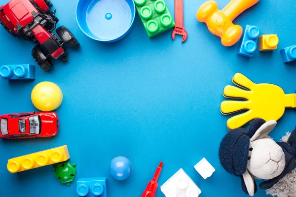 Kinderspeelgoed Frame Houten Ondergrond Bovenaanzicht Plat Gelegd Kopieer Ruimte Voor — Stockfoto