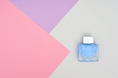 Parfüm şişesi pastel arka plan üzerinde. En az stili.