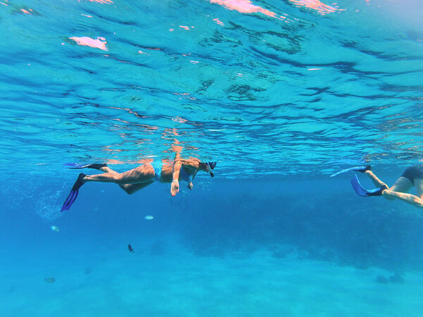 underwater picture of woman in diving mask swimming in pool