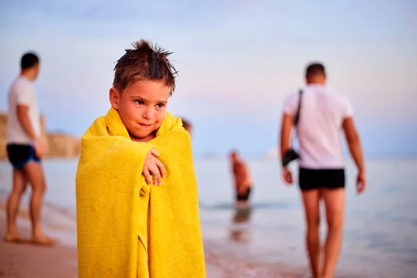 Front View Joyful Little Boy Wrapped Towel Standing Beach Holiday — Stock Photo, Image