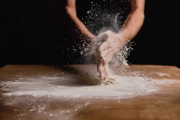 Cropped Shot Man Kneading Dough Wooden Table — Stock Photo, Image