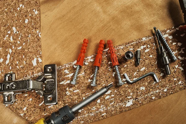 Manojo Varios Equipos Reparación Para Carpintería Sobre Fondo Madera — Foto de Stock