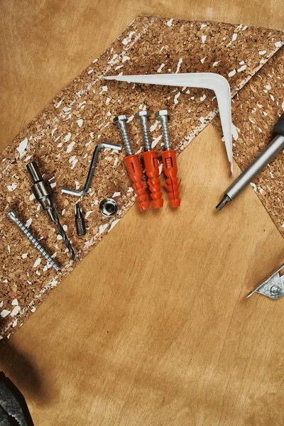 Bunch Various Repairing Equipment Carpentry Wooden Background — 스톡 사진