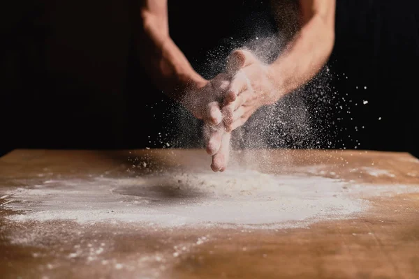 Cropped Shot Man Kneading Dough Wooden Table — Stock Photo, Image