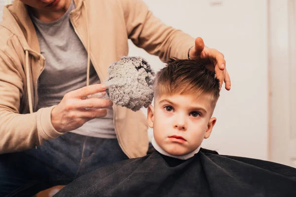 Cropped Image Barber Making Haircut Little Boy Salon — Stock Photo, Image