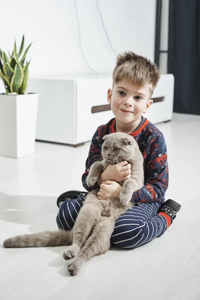 Adorable Pequeño Niño Holding Británico Taquigrafía Gato Casa — Foto de Stock