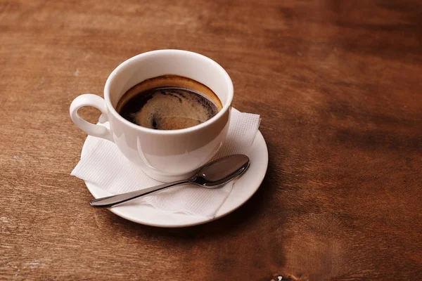 Close Beeld Van Koffiekopje Houten Tafel — Stockfoto