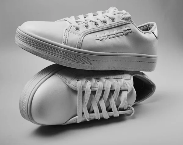 Close Shot White Sneakers Grey Background — Stock Photo, Image