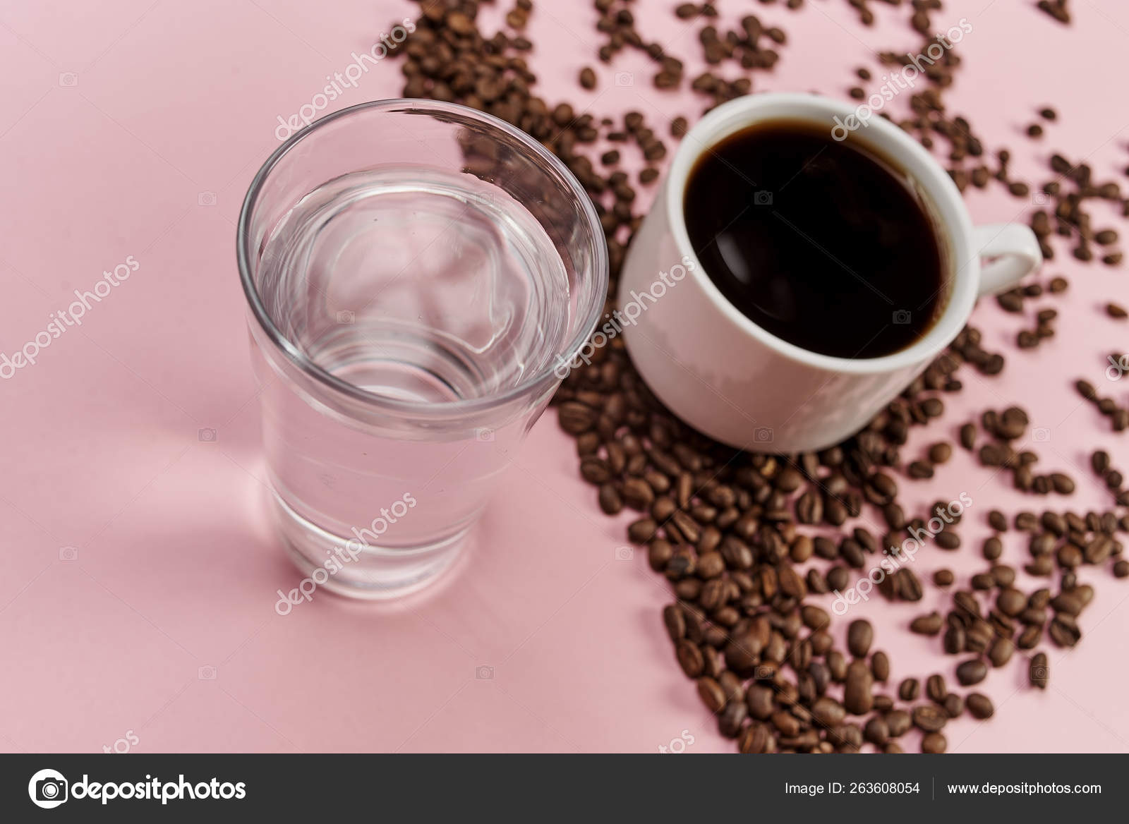 Cup Water Coffee Cup Roasted Aromatic Coffee Beans Pink Background