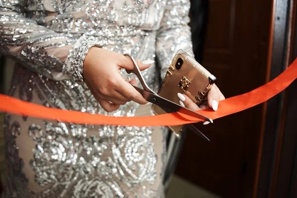 Cropped Image Woman Night Dress Cutting Red Tape Scissors — Stock Photo, Image