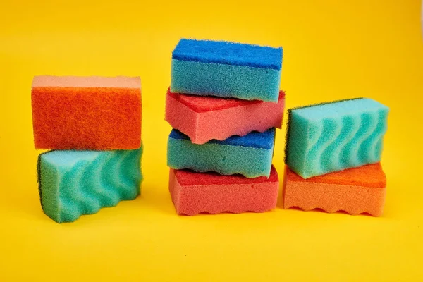 Colorful Washing Sponges Yellow Background — Stock Photo, Image