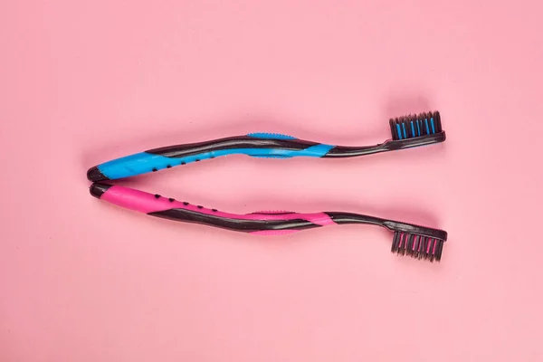 Close Shot Blue Pink Toothbrushes Pink Dental Care Concept — Stock Photo, Image