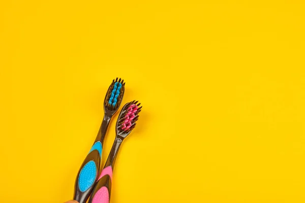 Close Shot Blue Pink Toothbrushes Yellow Dental Care Concept — Stock Photo, Image