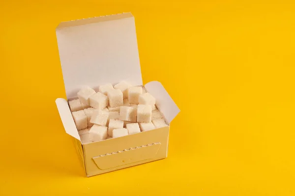 Close Shot Box Sugar Cubes Yellow Background — Stock Photo, Image