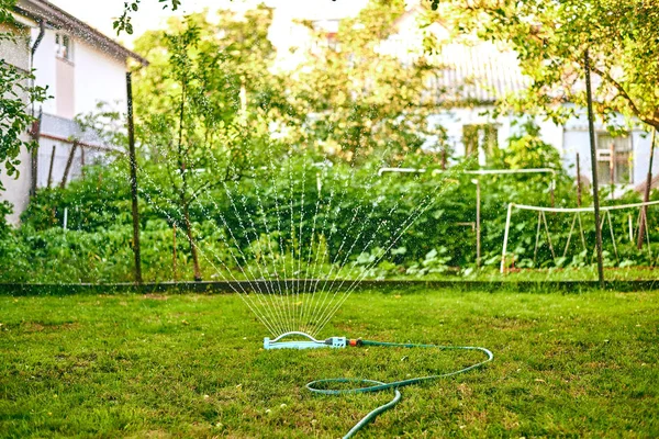 Close Automatisches System Von Wassersplittern Gießen Grünen Rasen Garten — Stockfoto