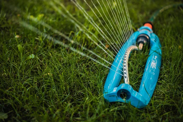 Menutup Sistem Otomatis Splinker Air Menuangkan Rumput Hijau Kebun — Stok Foto