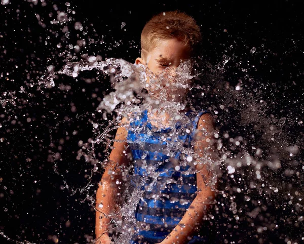 Splashes Water Little Boy Dark Background — Stock Photo, Image