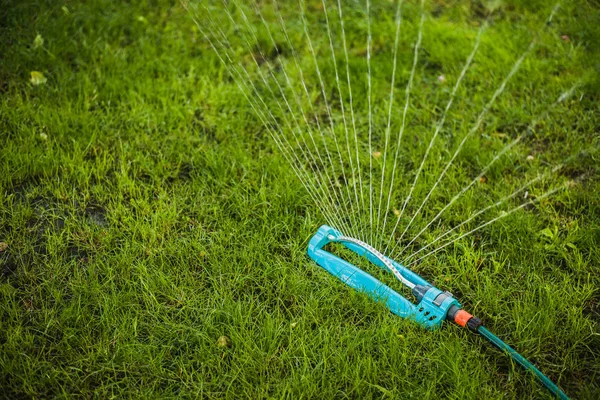 Fechar Sistema Automático Água Splinker Derramando Gramado Verde Jardim — Fotografia de Stock