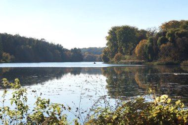 Ön planda sazlık ile sakin nehir üzerinde güzel sonbahar günü, arka planda tekneler ve orman balıkçılar 