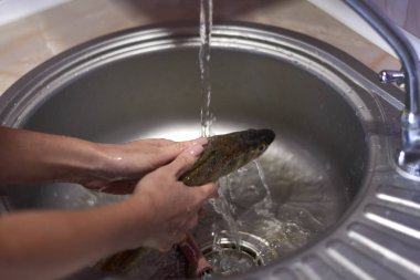 Kadın temizlik ve taze yakalanan balık fileto