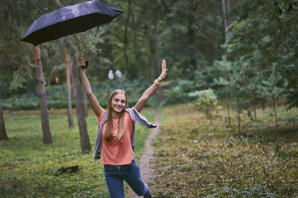 Young Woman Umbrella Forest Royalty Free Stock Photos