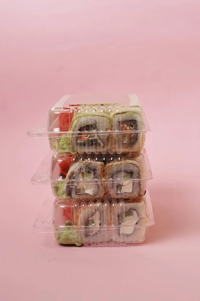 Japanese Sushi Rolls Pink Background — Stock Photo, Image