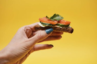 Kadın sarı arka plan üzerinde elinde somon sandviç tutan