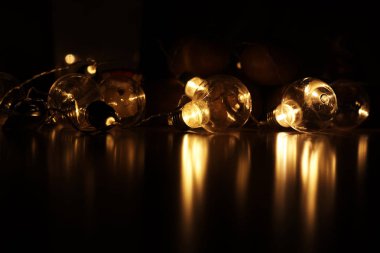 Koyu arka plan üzerinde vintage lamba ampuller Garland