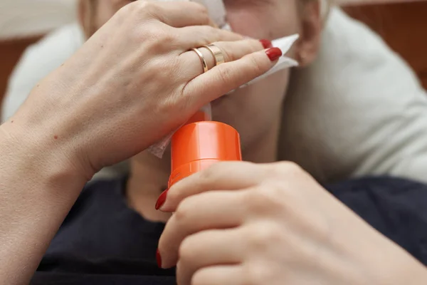 Young Woman Making Inhalation Home Taking Medication Bronchial Tube Exhaling — Stock Photo, Image