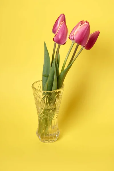 Beautiful Pink Tulips Vase Yellow Background — Stock Photo, Image