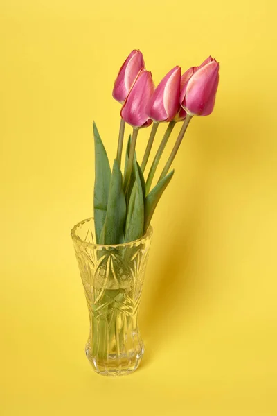 Bouquet Beautiful Tulips Vase Yellow Background Celebration Concept — Stock Photo, Image