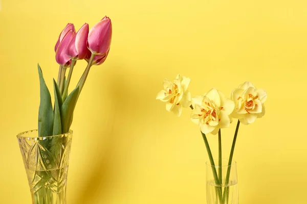 Bouquet Beautiful Tulips Daffodils Vases Yellow Background Celebration Concept — Stock Photo, Image