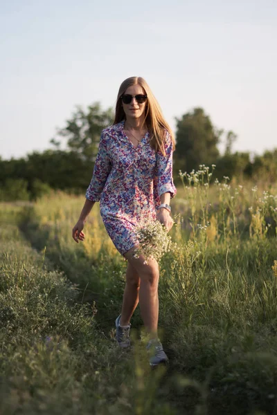 Hübsche Junge Frau Kleid Und Sonnenbrille Posiert Auf Feld Mit — Stockfoto