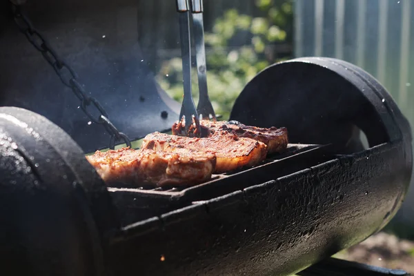 Mujer Asar Carne Aire Libre Parrilla Barbacoa — Foto de Stock