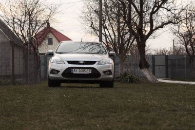 Evlerin yakınındaki yeşil çimlere park edilmiş gümüş rengi parlak bir araba.