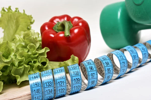 Healthy Vegetables Measuring Tape White Background Diet Sport — Stock Photo, Image