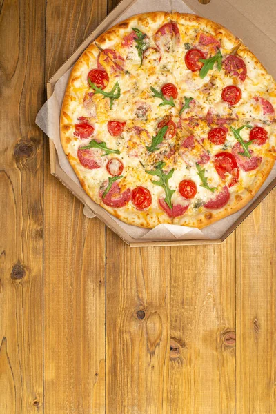 Top View Delicious Pizza Tomatoes Salami Cheese Box Wooden Table — Stock Photo, Image