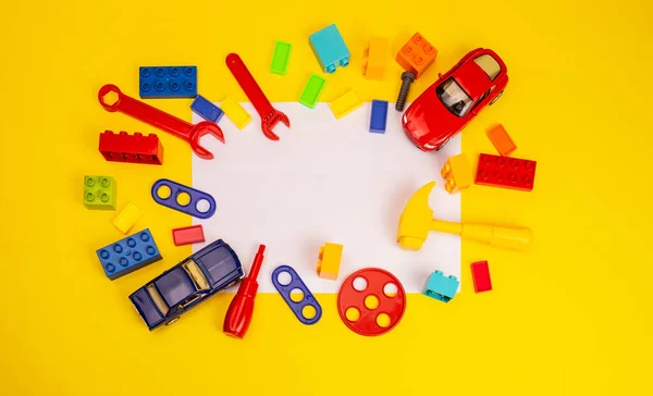 Vue Dessus Des Jouets Colorés Des Outils Construction Sur Fond — Photo