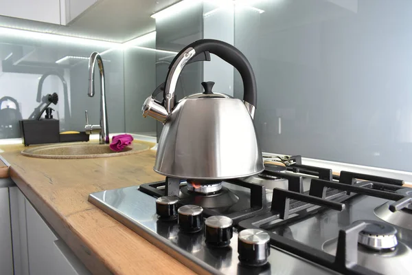 Close View Metal Kettle Stove Kitchen — Stock Photo, Image