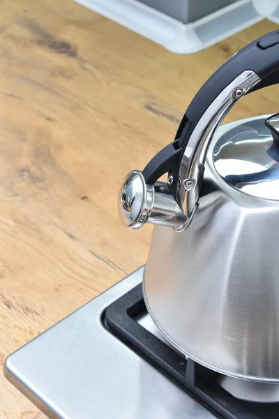 Close View Metal Kettle Boiling Steam Kitchen — Stock Photo, Image